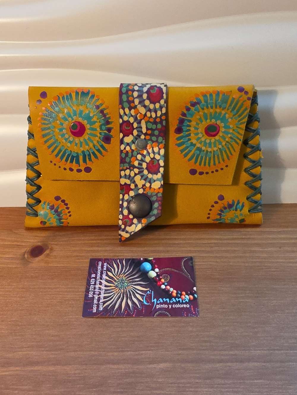 Hand-Painted & Sewn Mustard Leather Wallet from Mexico